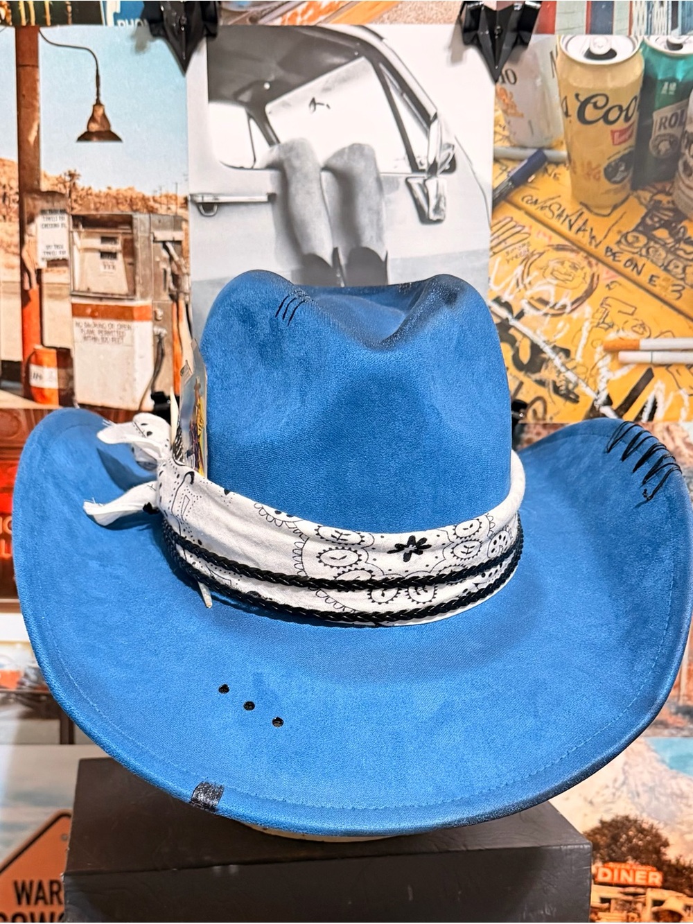 Dark Blue Vegan Suede Cowboy Hat with White Bandana Trim